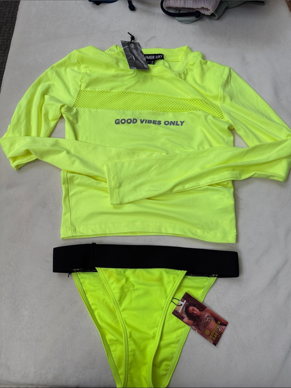 Neon Yellow 'Good Vibes Only' Long Sleeve Bikini Set.